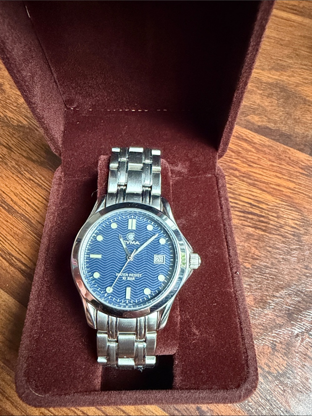 Men's Silver Bracelet Watch with Blue Wave Dial
